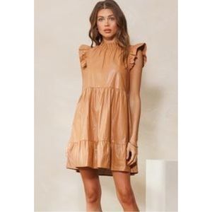 Camel Faux Leather Tiered Mini Dress